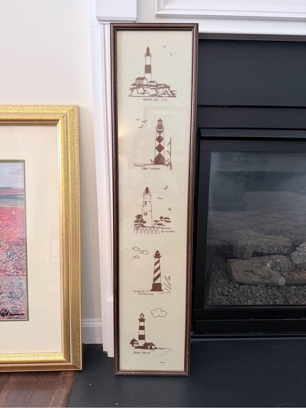 NC OBX Cross stitch handmade Framed Lighthouse Wall Art Print in Brown